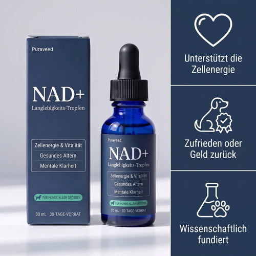 Puraveed NAD+ Langlebigkeits-Tropfen für Hunde – Flasche und Verpackung